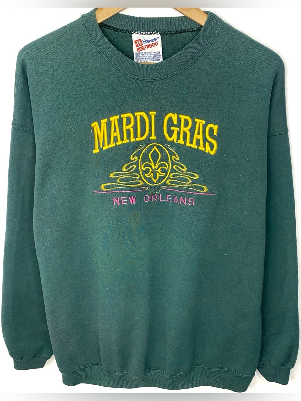Vintage 90’s Mardi Gras New Orleans Green Embroidered Crewneck Sweatshirt USA XL